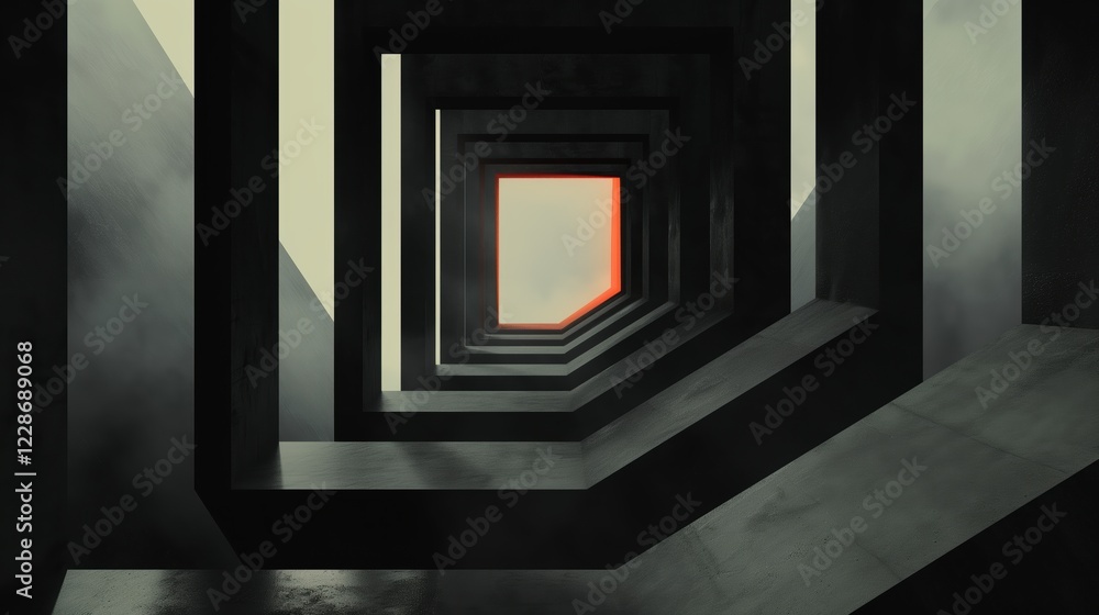 Fototapeta premium Futuristic dark architectural tunnel with geometric frames and glowing exit