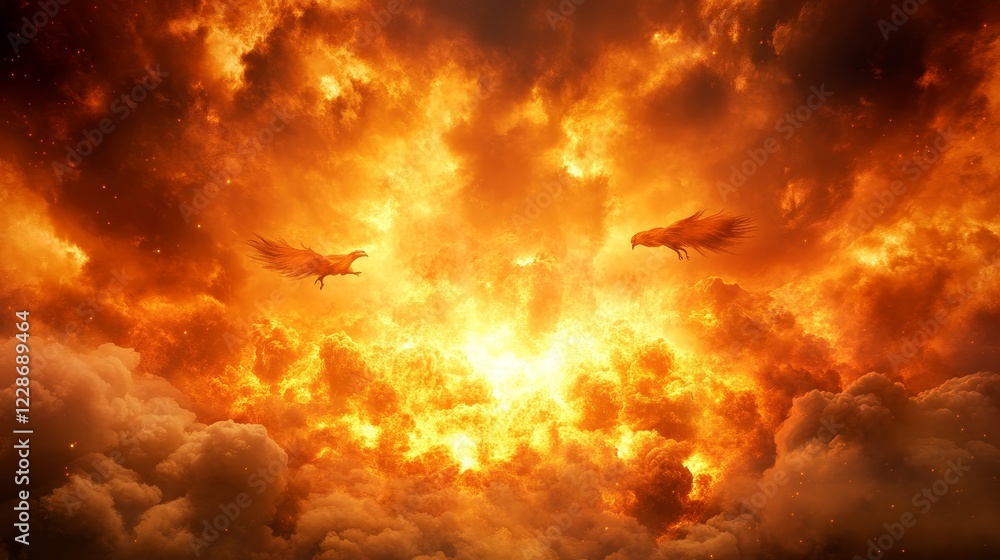 Fiery Birds Soaring Through Inferno Cloudscape Fiery Birds Soaring Through Inferno Cloudscape