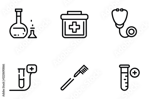 Medical Line Icons Set – Lab Glassware, Pharmacy, Stethoscope, Test Tube, Toothbrush, Blood Sugar Test