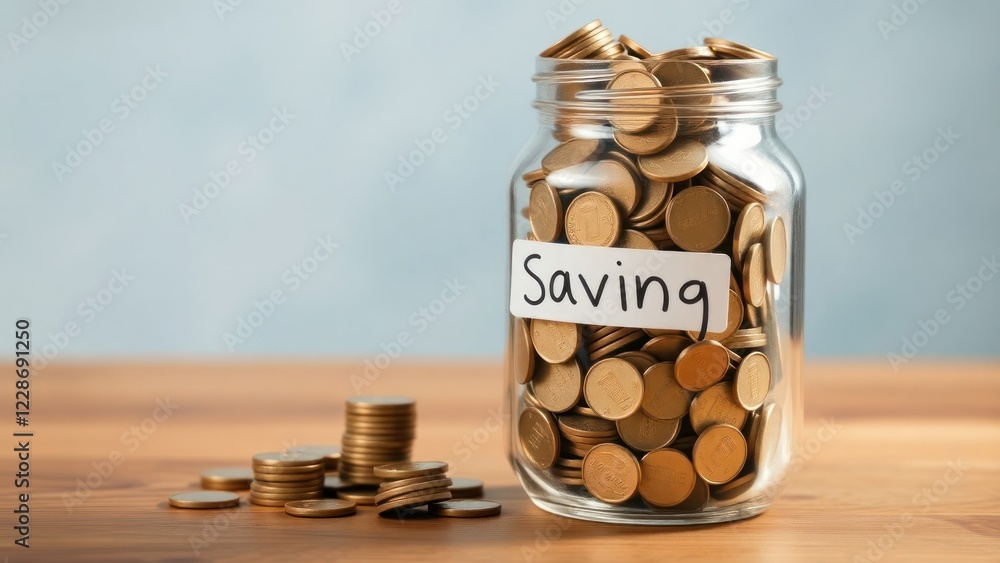 Glass jar filled with coins, labeled Glass jar filled with coins, labeled