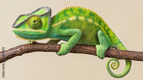 Colorful Chameleon on Branch with Green Scales and Detailed Texture
