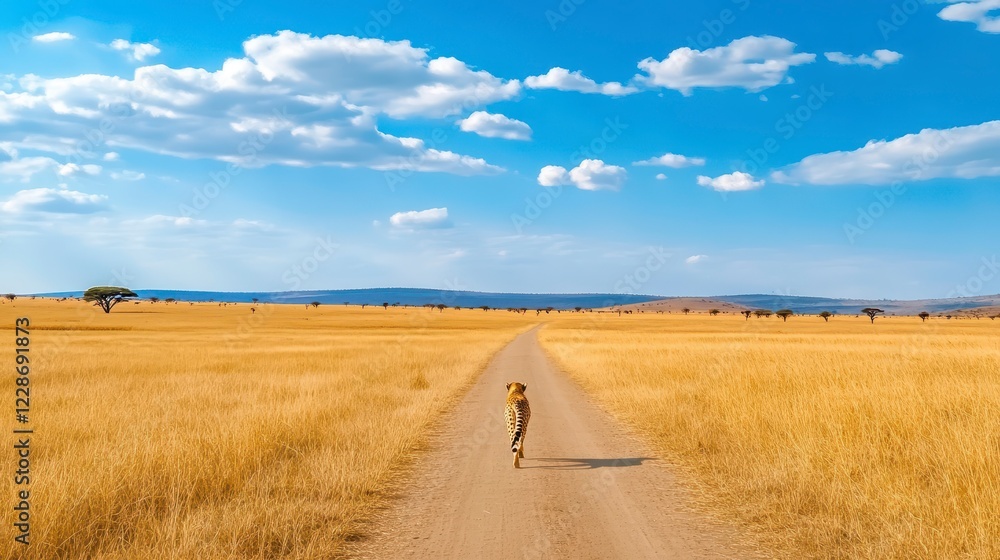 Dog Walking Down a Dusty Path in a Golden Grassland Under Blue Sky Dog Walking Down a Dusty Path in a Golden Grassland Under Blue Sky