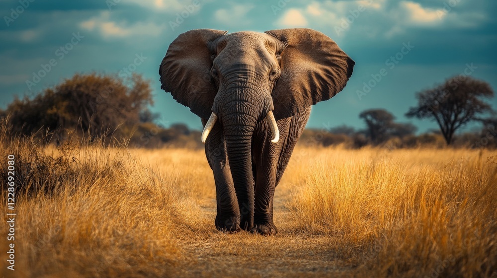 Obraz premium Large African elephant walking on a path in the savanna.
