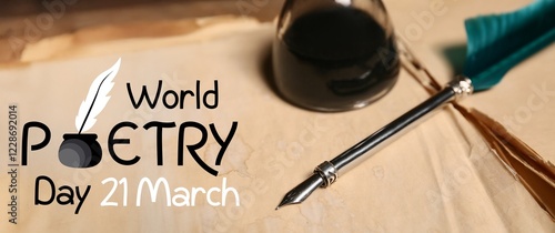 Old book with nib pen and inkwell, closeup. Banner for World Poetry Day photo