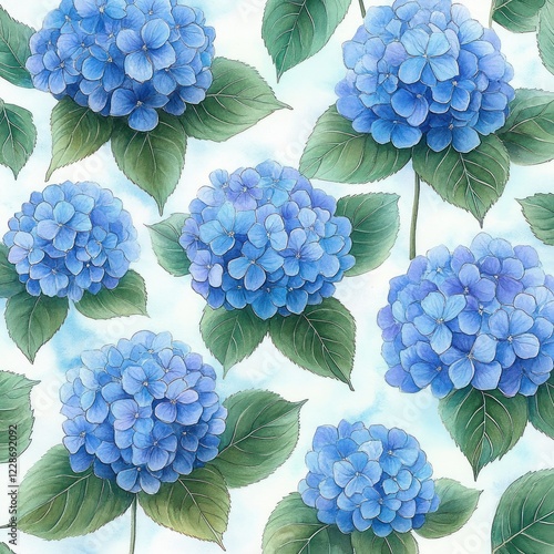 Blue Hydrangea Watercolor Pattern Vintage Floral Design for Wallpaper and Textiles