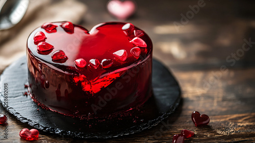 crystal red hearth cake with black background on a wooden table classy look