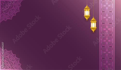 Ramadan Kareem decorative template. Islamic Eid al-Fitr Mubarak banner purple background with border.