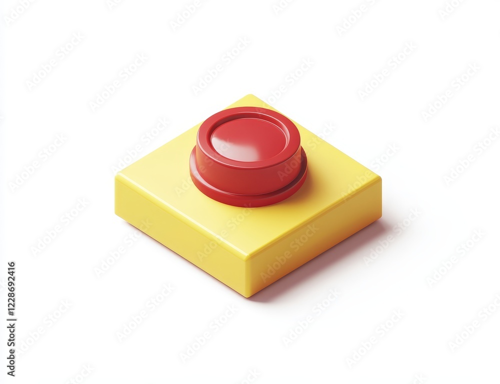 Red button on yellow square base, isolated on white background. Red button on yellow square base, isolated on white background.