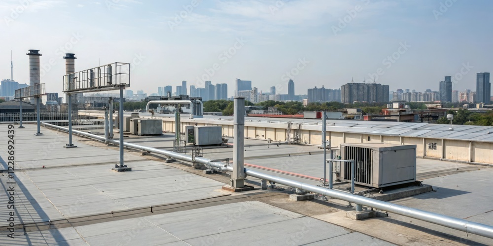 Fototapeta premium Industrial rooftop with metallic structures and urban infrastructure, concrete structure, city skyline, urban infrastructure