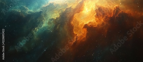 Cosmic Nebula Vivid orange and teal gaseous clouds swirl in a dark space, speckled with distant stars.