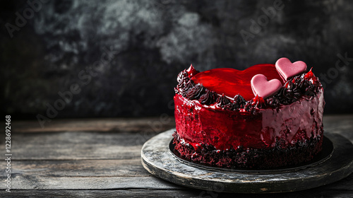 crystal red hearth cake with black background on a wooden table classy look
