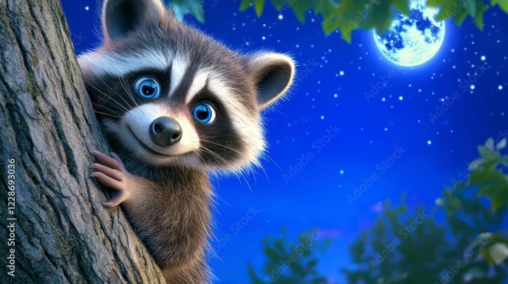 Cute raccoon peeking from tree under a bright moonlit sky Cute raccoon peeking from tree under a bright moonlit sky