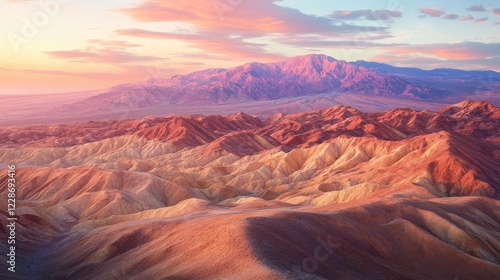 Majestic sunset over colorful mountain ranges showcasing vibrant hues and serene landscapes photo