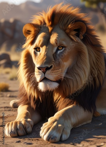 Wallpaper Mural Lion's majestic form reclining on the ground with its mane ruffled by the wind, ear movement, savannah landscape Torontodigital.ca