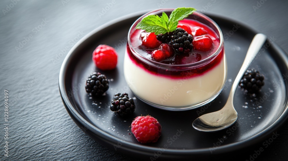 A luxurious dessert of panna cotta with a berry compote and fresh mint leaves, served in a glass dessert cup, Panna cotta centered A luxurious dessert of panna cotta with a berry compote and fresh mint leaves, served in a glass dessert cup, Panna cotta centered