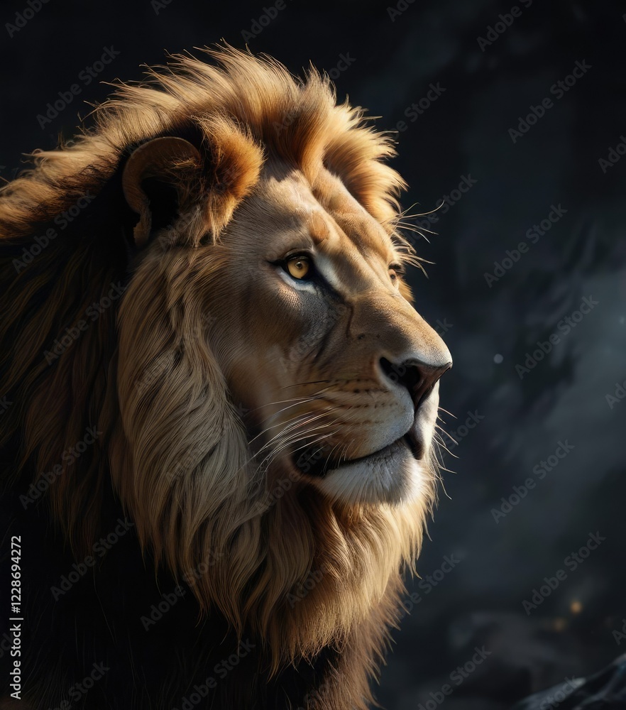 Obraz premium Majestic lion looking up towards the darkness with its golden mane shining like a beacon in the night, animal portrait, golden mane