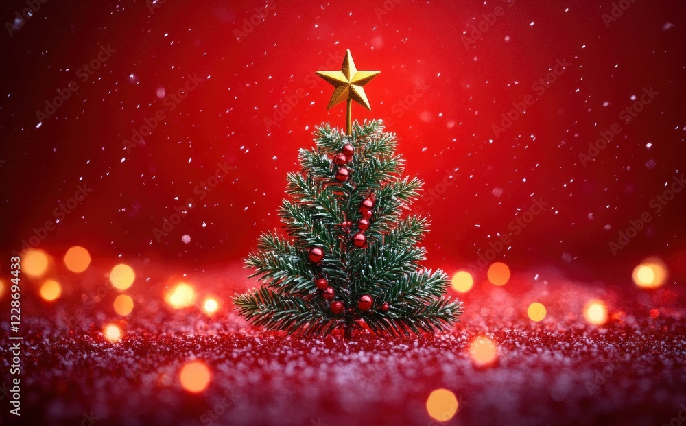 Minimalist Christmas Tree with Golden Star on Red Background and Bokeh Lights Minimalist Christmas Tree with Golden Star on Red Background and Bokeh Lights