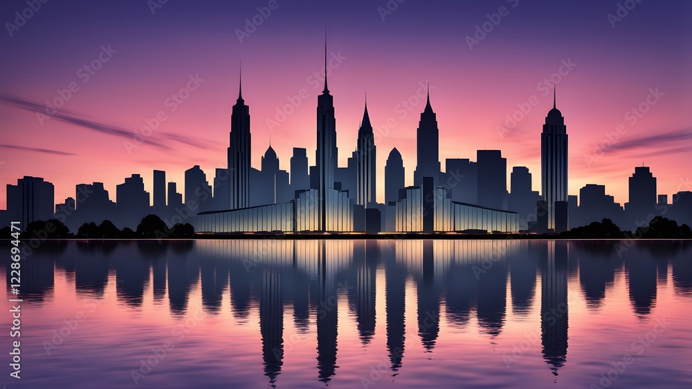 Silhouette of a modern city skyline reflected in calm water at sunset.