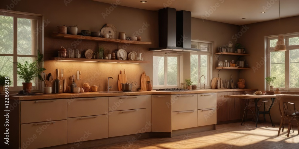 Moody kitchen with warm lighting and earthy tones , grainy, warm Moody kitchen with warm lighting and earthy tones , grainy, warm