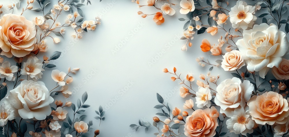 Fototapeta premium Watercolor Floral Arrangement with White Roses and Pink Flowers for Wedding or Greeting Card