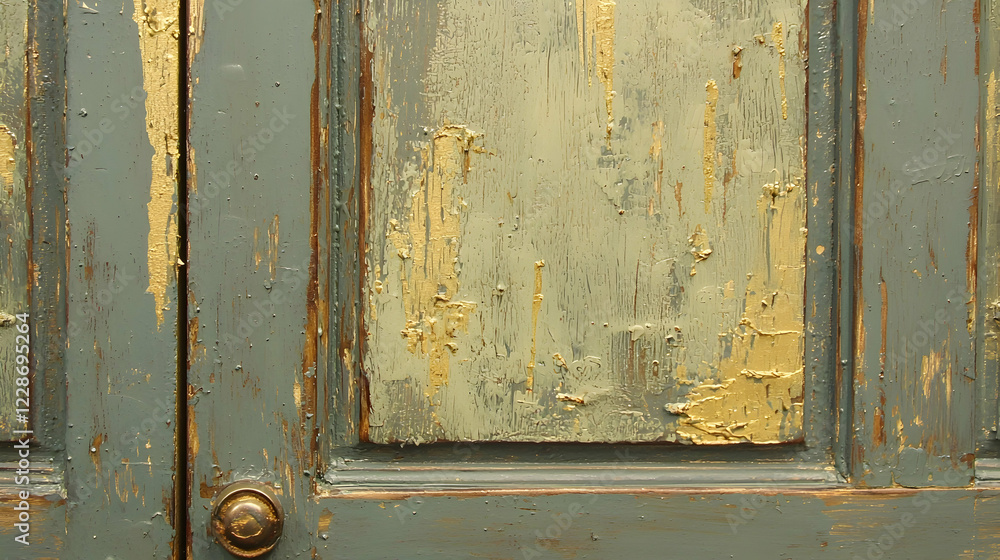 Weathered gray-gold painted wood door detail; rustic texture; interior; distressed; design element Weathered gray-gold painted wood door detail; rustic texture; interior; distressed; design element