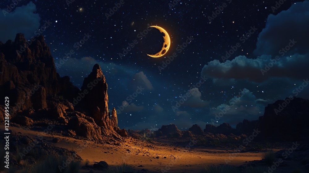 Obraz premium Desert night landscape, crescent moon, starry sky, rock formations, travel poster