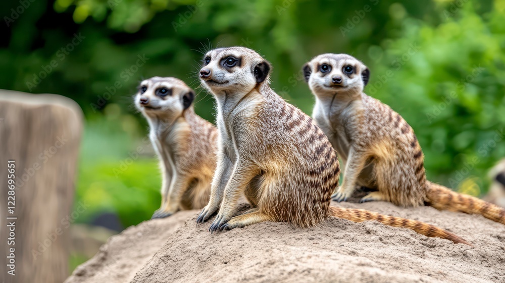 Three Curious Meerkats Sitting on a Rock in a Lush Green Environment Three Curious Meerkats Sitting on a Rock in a Lush Green Environment
