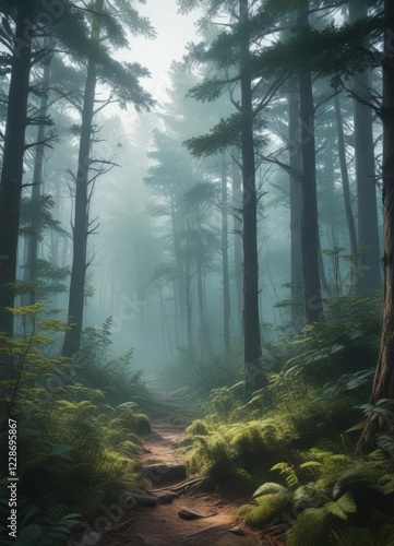 mystifying forest with abstract gradient and subtle noise texture , layered branches, muted colors