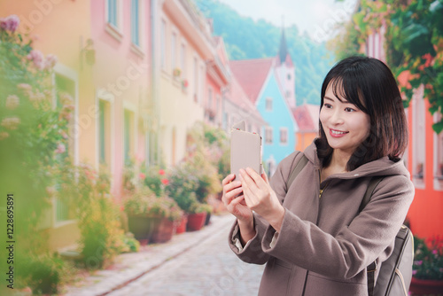 海外の街を一人で歩いて観光をする若い女性 photo