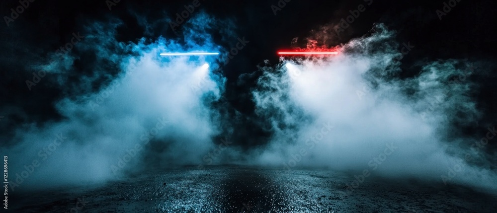Fototapeta premium Dark Night Scene Blue Red Neon Lights Smoke Wet Asphalt