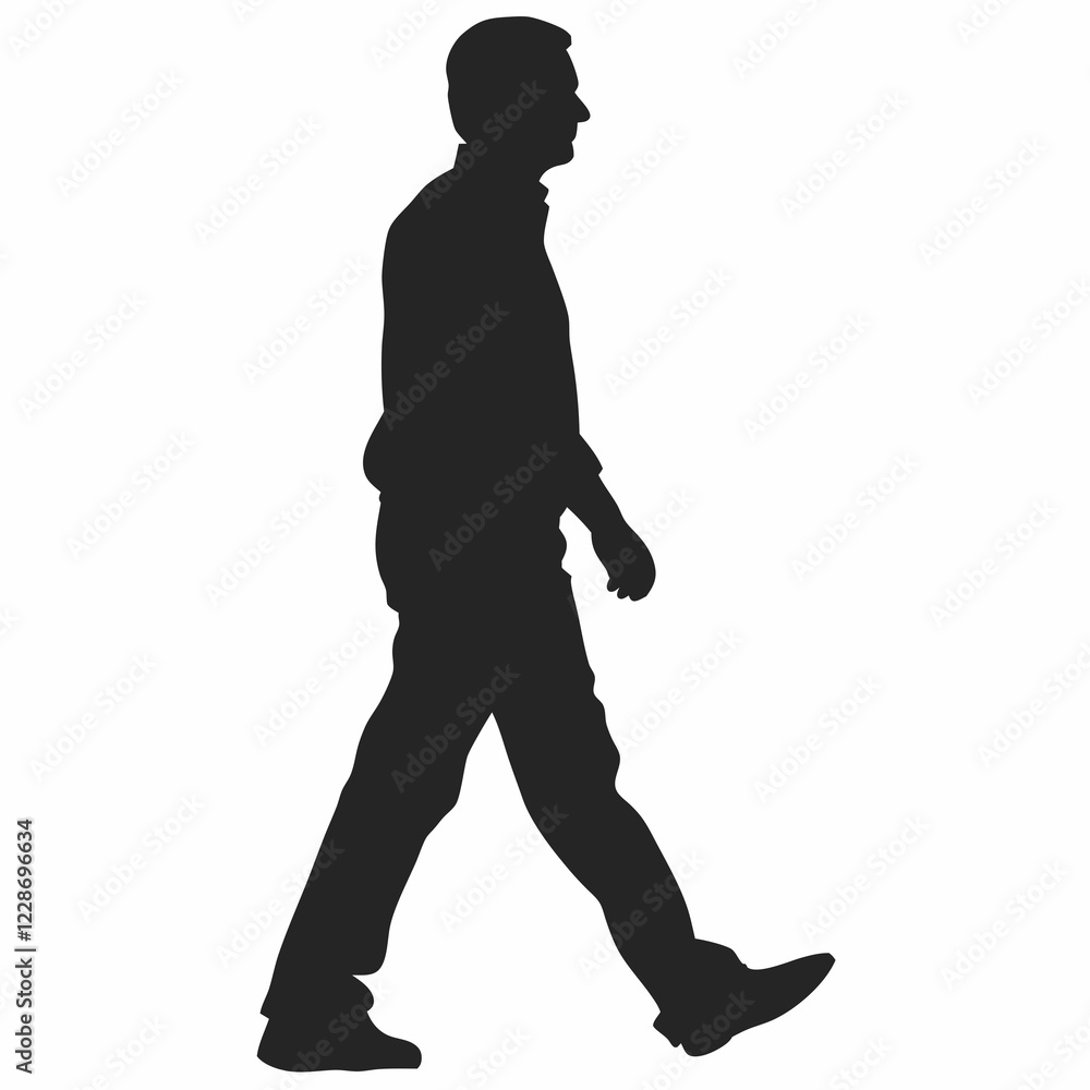 A man in a hat and coat walking on a sidewalk. He is wearing black shoes A man in a hat and coat walking on a sidewalk. He is wearing black shoes