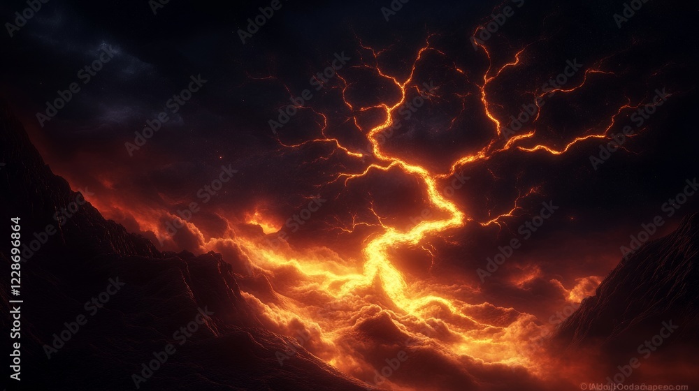 Fiery Lava River Through Volcanic Cloudscape Fiery Lava River Through Volcanic Cloudscape