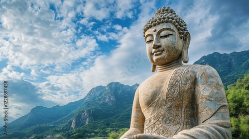 A giant Buddha monument carved from stone, standing against a scenic mountain backdrop with a peaceful sky, exuding spiritual grandeur 
