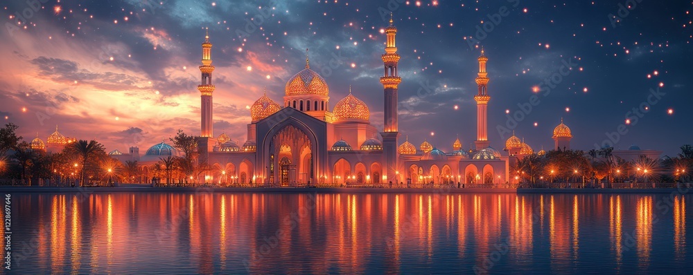 Majestic Mosque at Dusk with Reflective Water and Starry Twilight Sky Majestic Mosque at Dusk with Reflective Water and Starry Twilight Sky