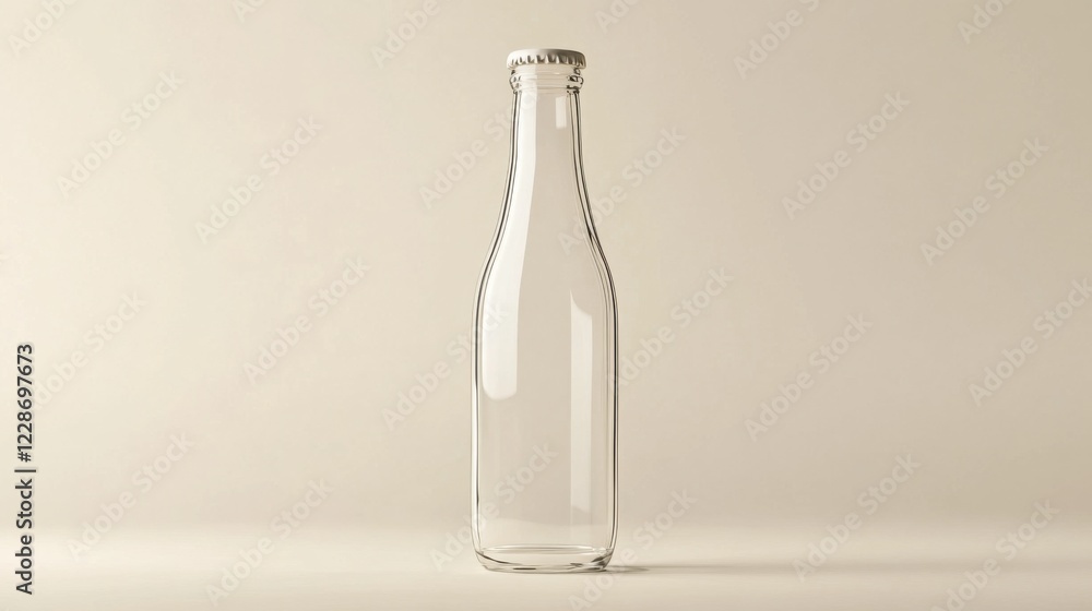 A slim glass bottle designed for beverages, featuring a smooth surface and a sealed cap, standing upright on a neutral backdrop