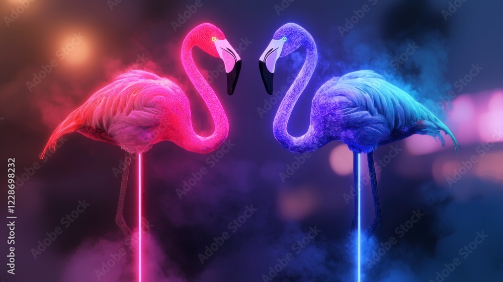 Obraz premium Neon Flamingo Pair AI Art Pink Blue Birds Glowing Digital Art Abstract