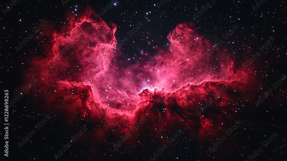 Fototapeta premium Glowing crimson nebula dramatically fills dark space. AI Generated