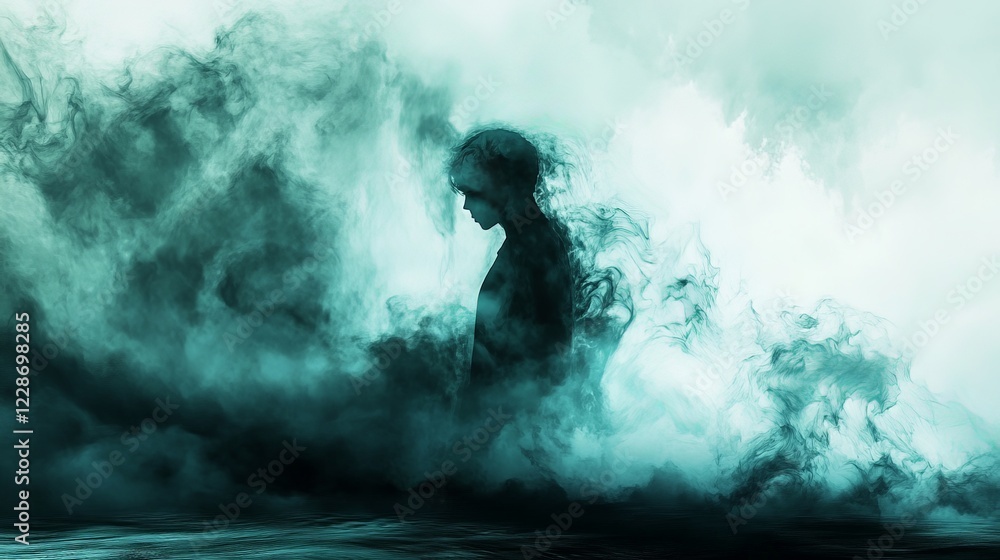 Obraz premium Mysterious figure standing in a sea of teal smoke, symbolizing abstract concept of fear, loss, or uncertainty