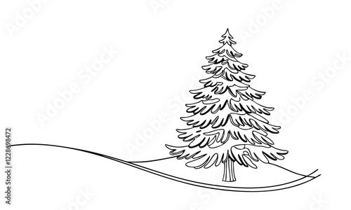 Hand drawn Christmas tree outline doodle vector. Continuous one black line drawing of Merry Christmas pine tree minimalistic design illustration on white background