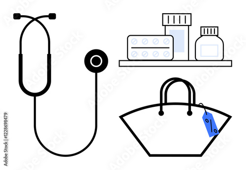 Stethoscope, medication bottles and pills on a shelf alongside a handbag with a price tag. Ideal for healthcare, medicine, consumerism, pharmacy, shopping, medical research, daily essentials