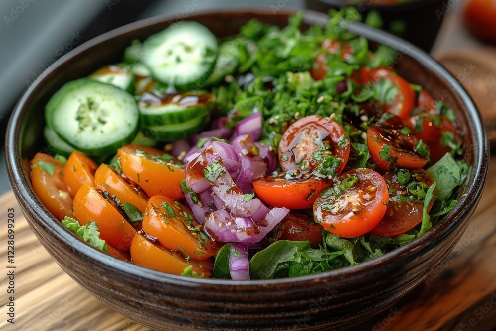 Fresh Salad with Vibrant Vegetables in Rustic Bowl Fresh Salad with Vibrant Vegetables in Rustic Bowl