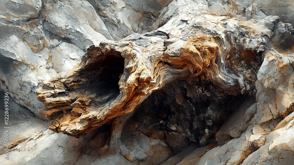 Weathered wood nestled in grey stone subtly illuminated by soft sunlight. AI Generated Weathered wood nestled in grey stone subtly illuminated by soft sunlight. AI Generated