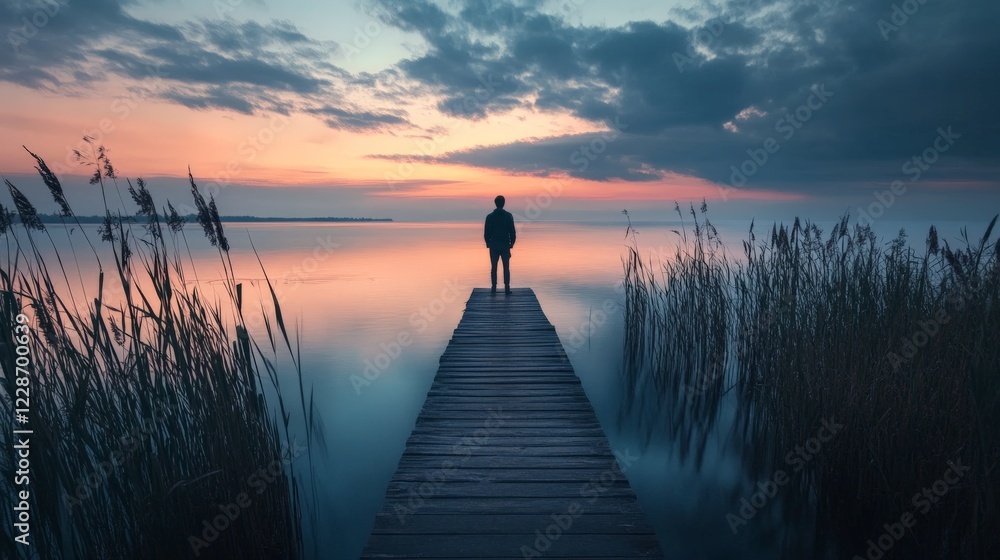 Obraz premium Silhouette of a man standing on a dock during a beautiful sunset