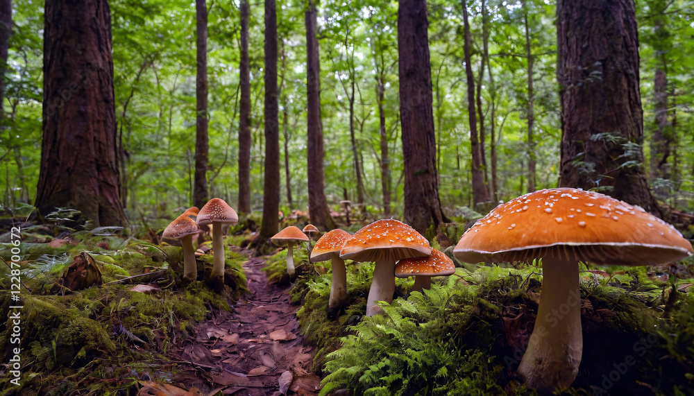 Vibrant mushrooms thrive in a lush forest under soft sunlight during the early morning hours Vibrant mushrooms thrive in a lush forest under soft sunlight during the early morning hours
