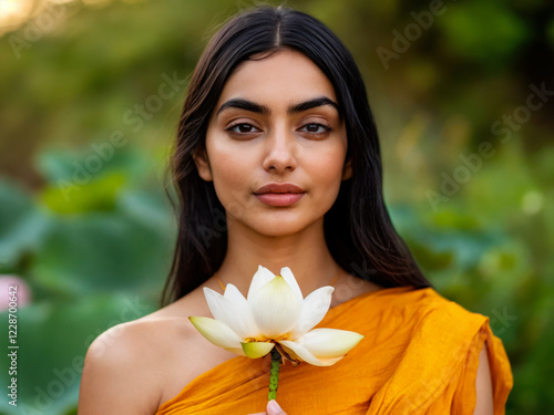 Graceful young Hindu woman holding a white lotus flower in nature photo