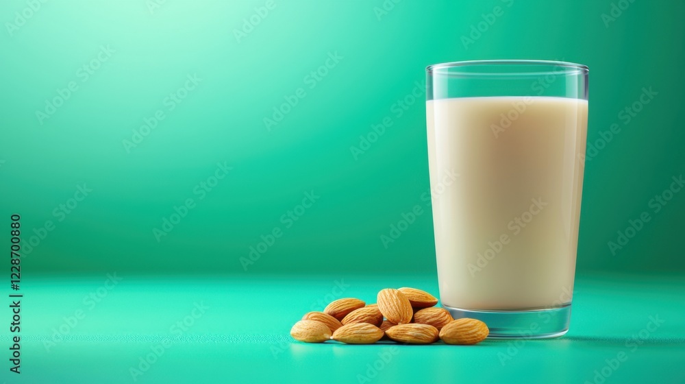 Non dairy alternative milk plant based concept. Almond milk in a glass with almonds on a green background Non dairy alternative milk plant based concept. Almond milk in a glass with almonds on a green background