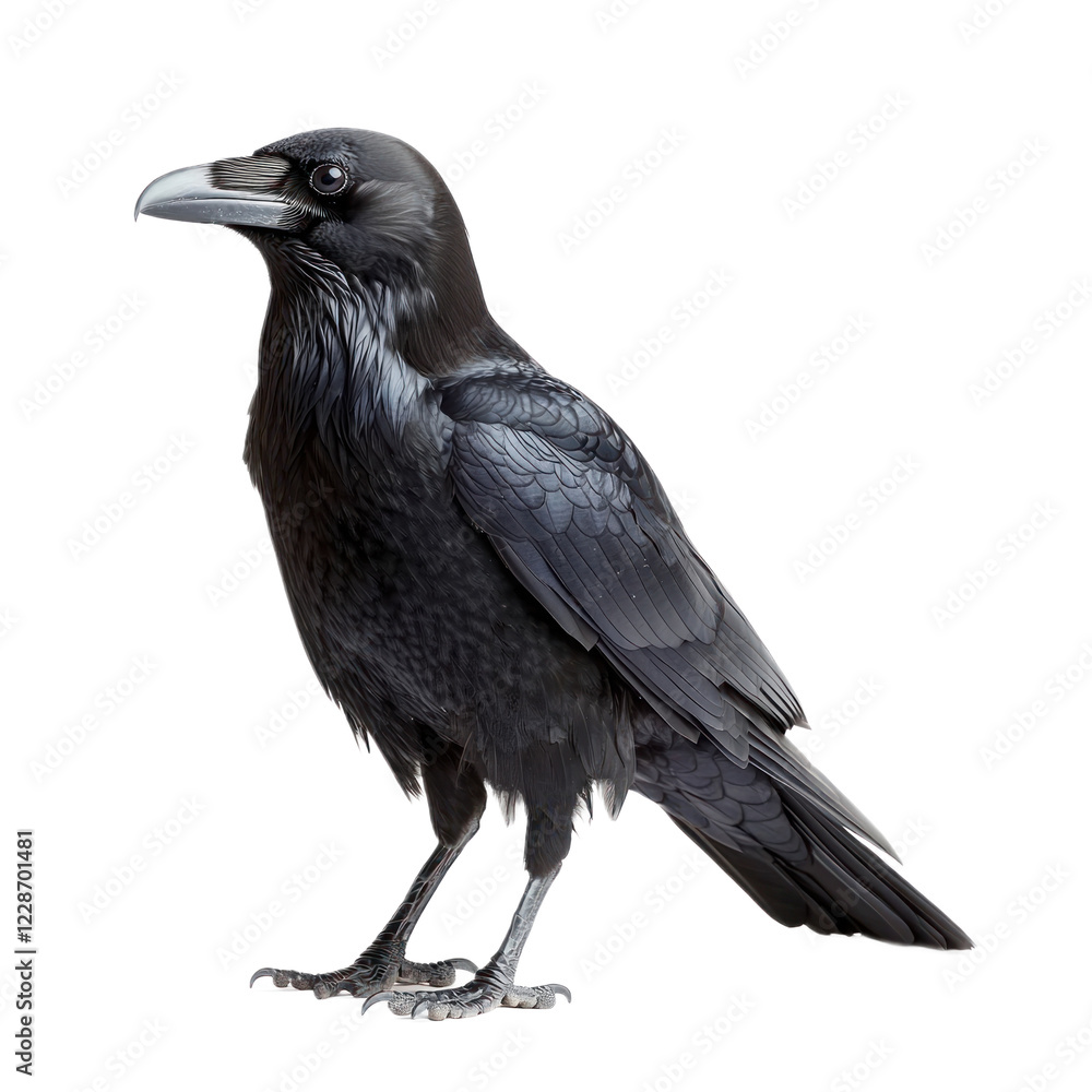 Naklejka premium Common Raven, known for its glossy black feathers and distinctive call. isolated on transparency background