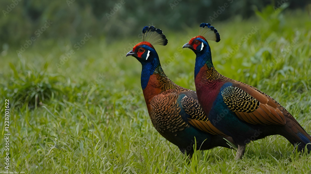 Fototapeta premium Himalayan Manual Pheasants Himalayan monal Pheasant or hunting pheasant (Phasianus colchicus), male standing in meadow, Lake Neusiedl National Park, Seewinkel, Burgenland, Austria, Europe, 