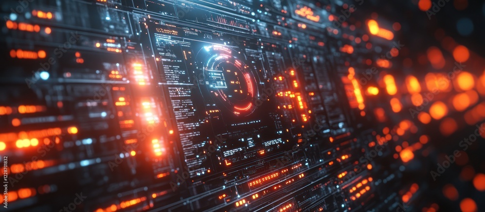 Futuristic digital interface with glowing orange and blue lines, data streams, and HUD elements. Futuristic digital interface with glowing orange and blue lines, data streams, and HUD elements.