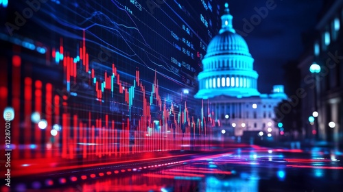 Capitol building with stock market charts in the background, featuring a red and blue color theme, a stock candlestick chart, and a business concept.